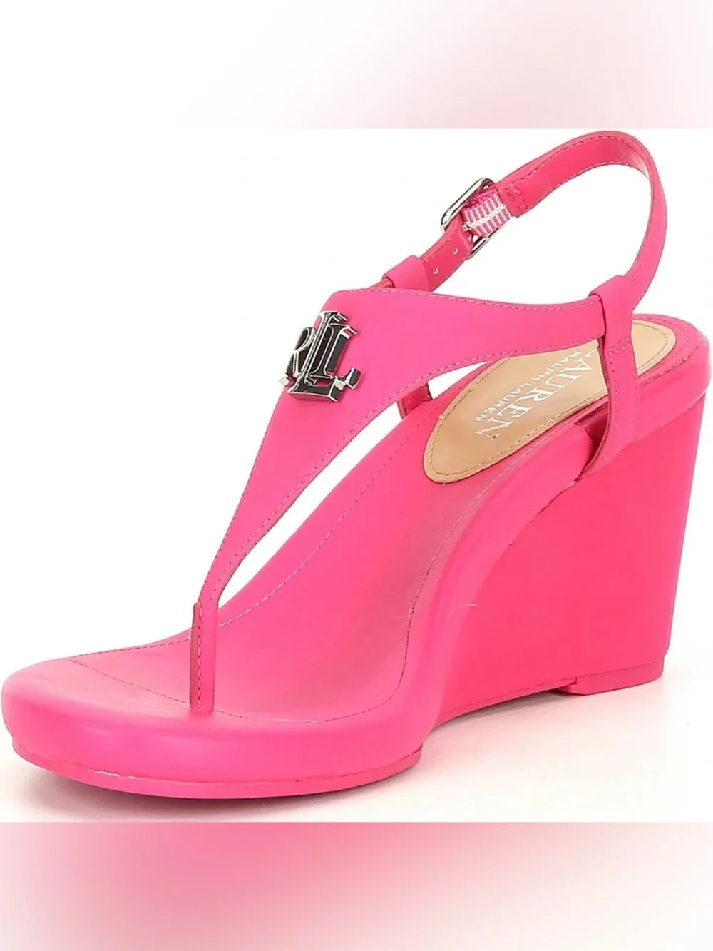 Ralph Lauren Jeannie Hot Pink low Wedge dressy designer hamptons Thong Sandals 8